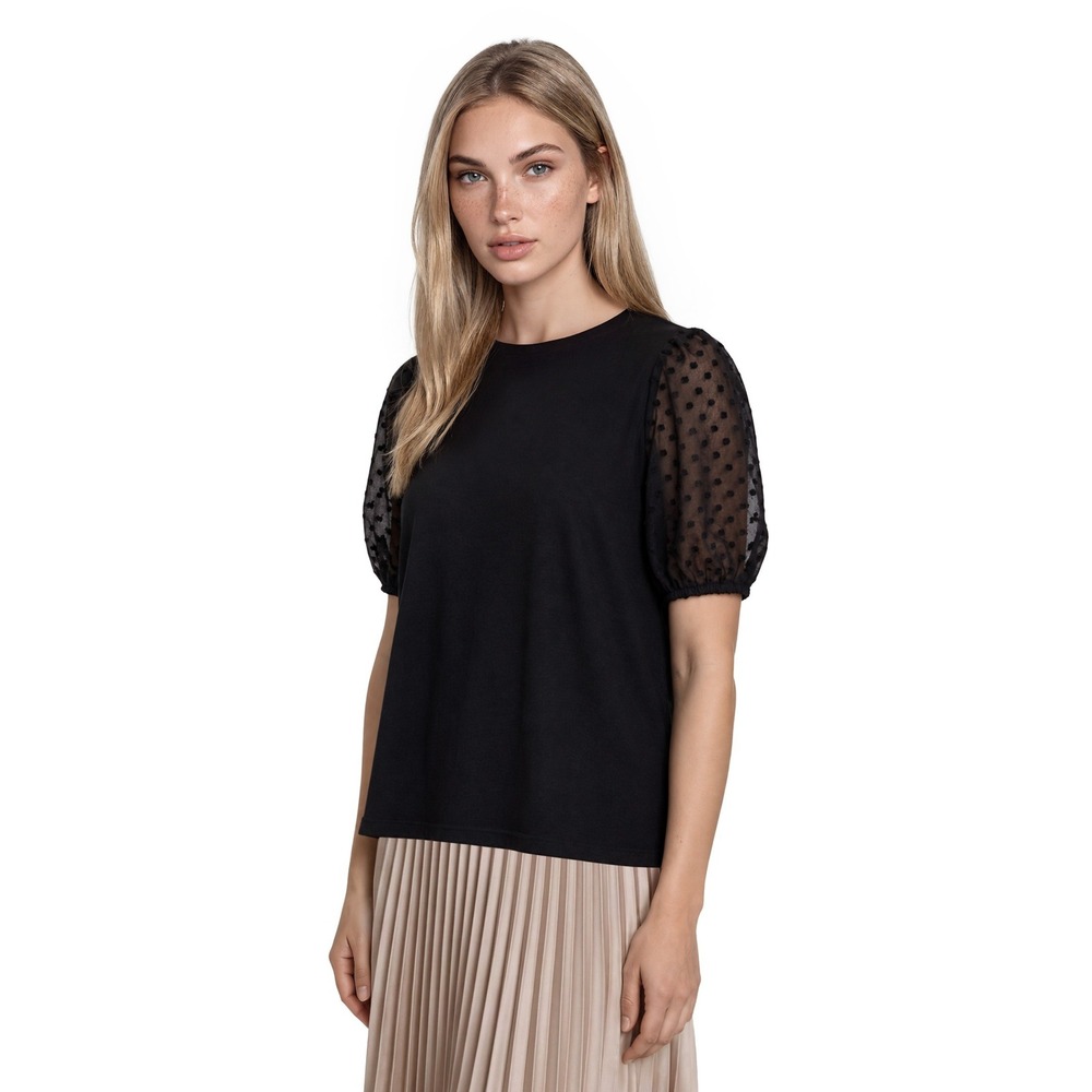 Maeve Anthropologie Blouse Top Women's Size 1X Black Sheer Swiss Dot Sleeve